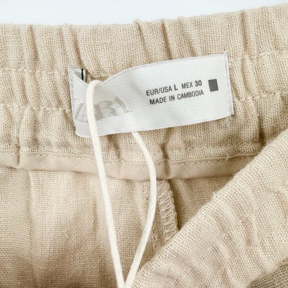 Zara Linen Blend Pull On Cropped Pants Oatmeal Beige Elastic Waist Large NWT - Picture 4 of 11